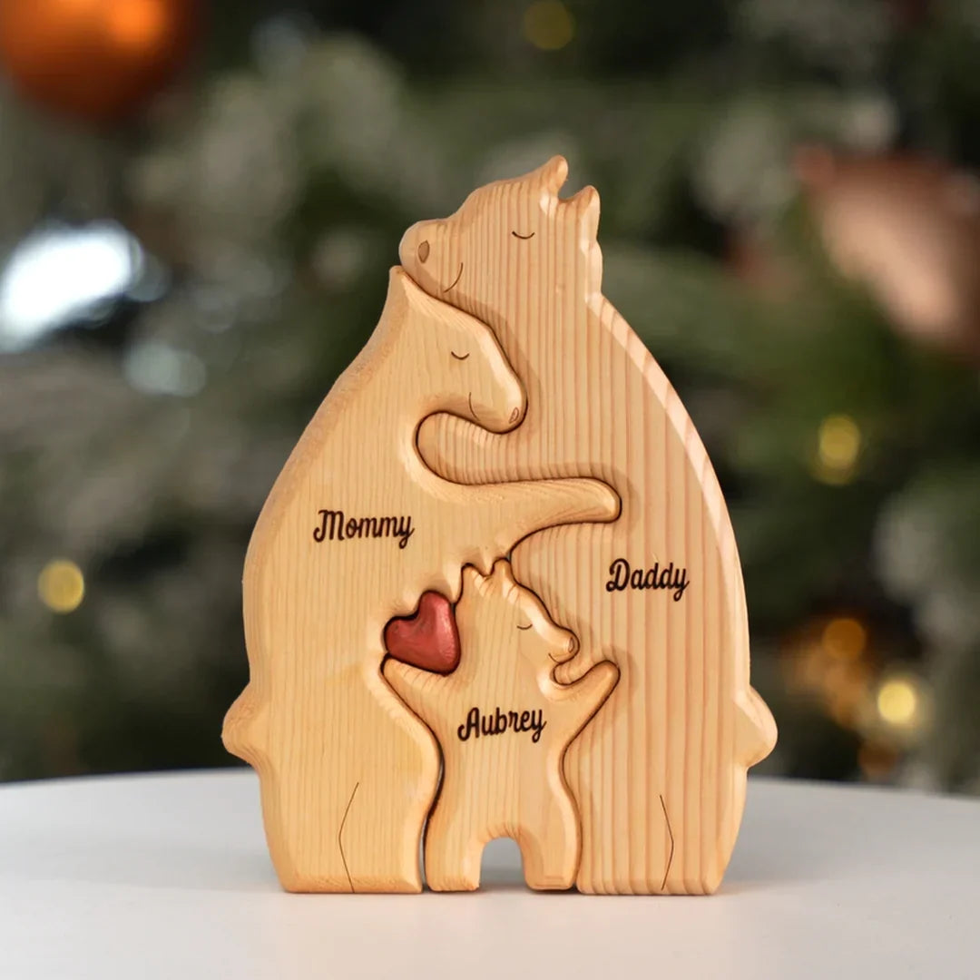 Personalizowane drewniane rodzinne puzzle z misiem 