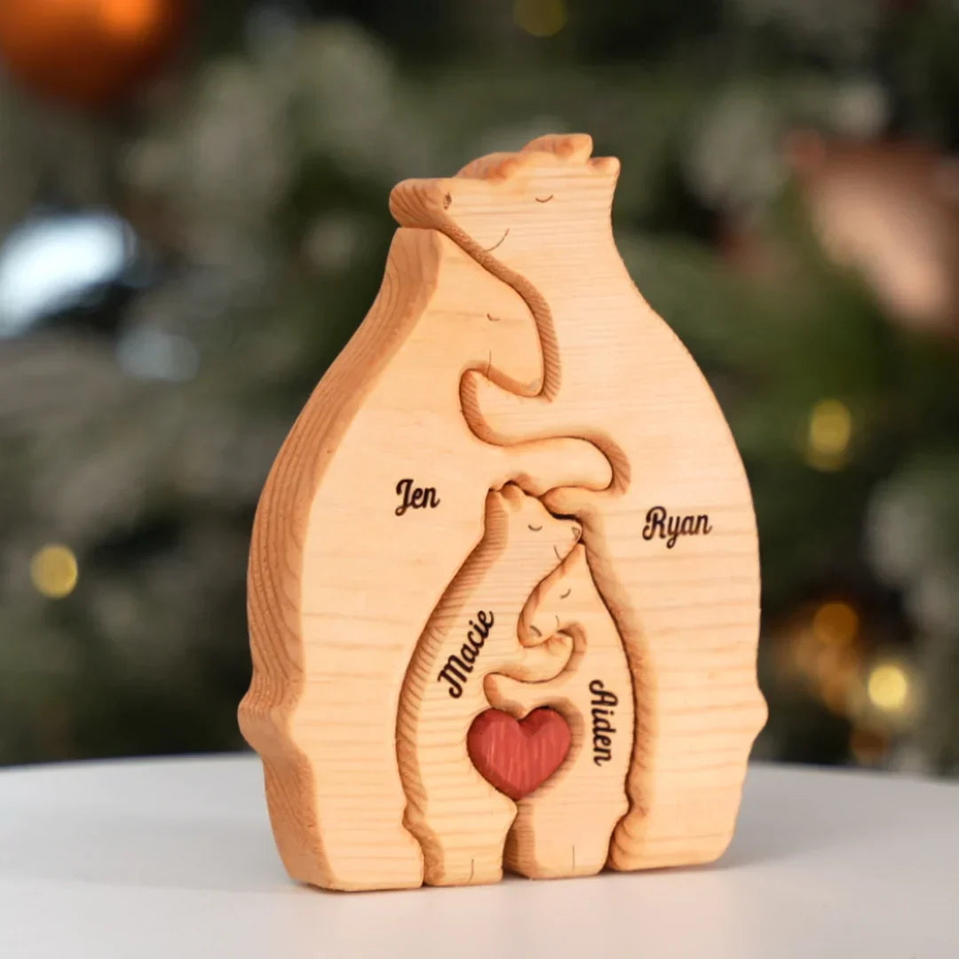 Personalizowane drewniane rodzinne puzzle z misiem 