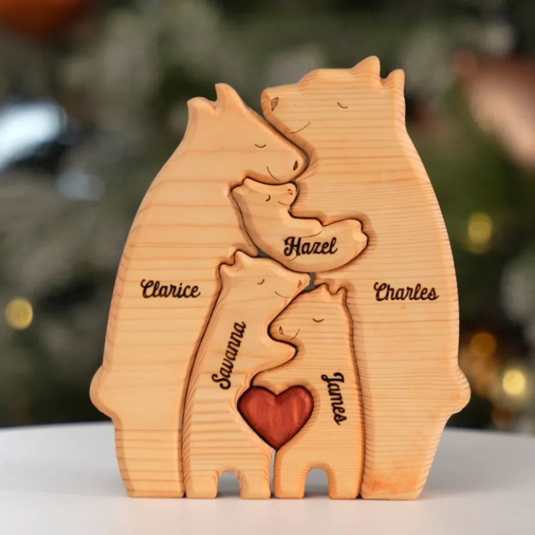 Personalizowane drewniane rodzinne puzzle z misiem 