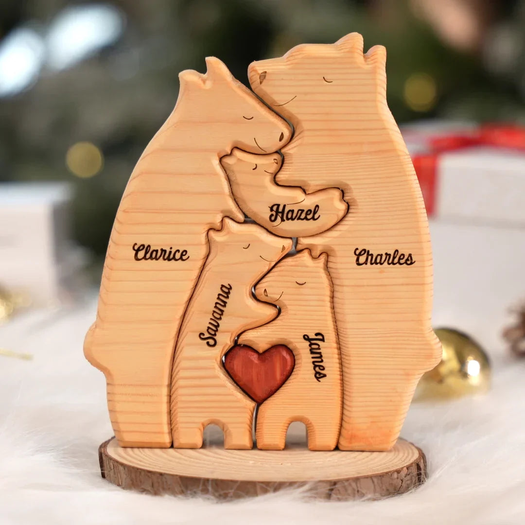 Personalizowane drewniane rodzinne puzzle z misiem 