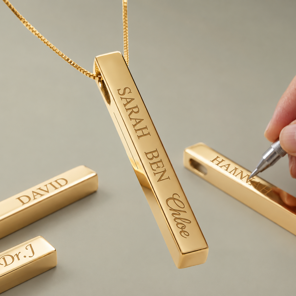 Personalized vertical bar necklace with first name | Engraved stainless steel pendant 