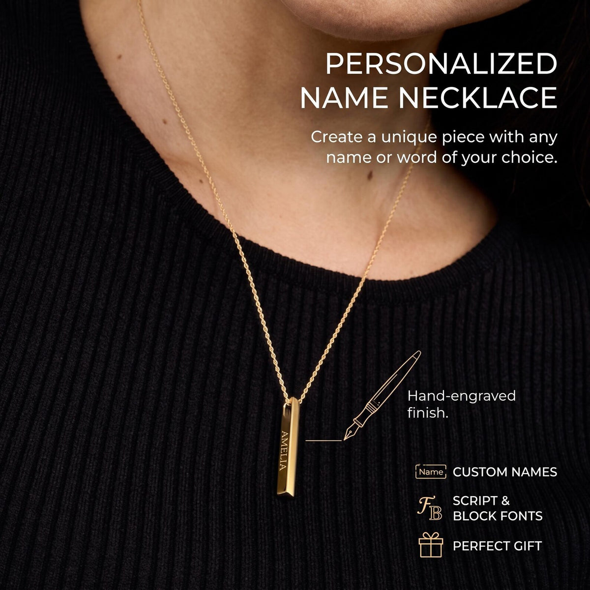 Personalized vertical bar necklace with first name | Engraved stainless steel pendant 